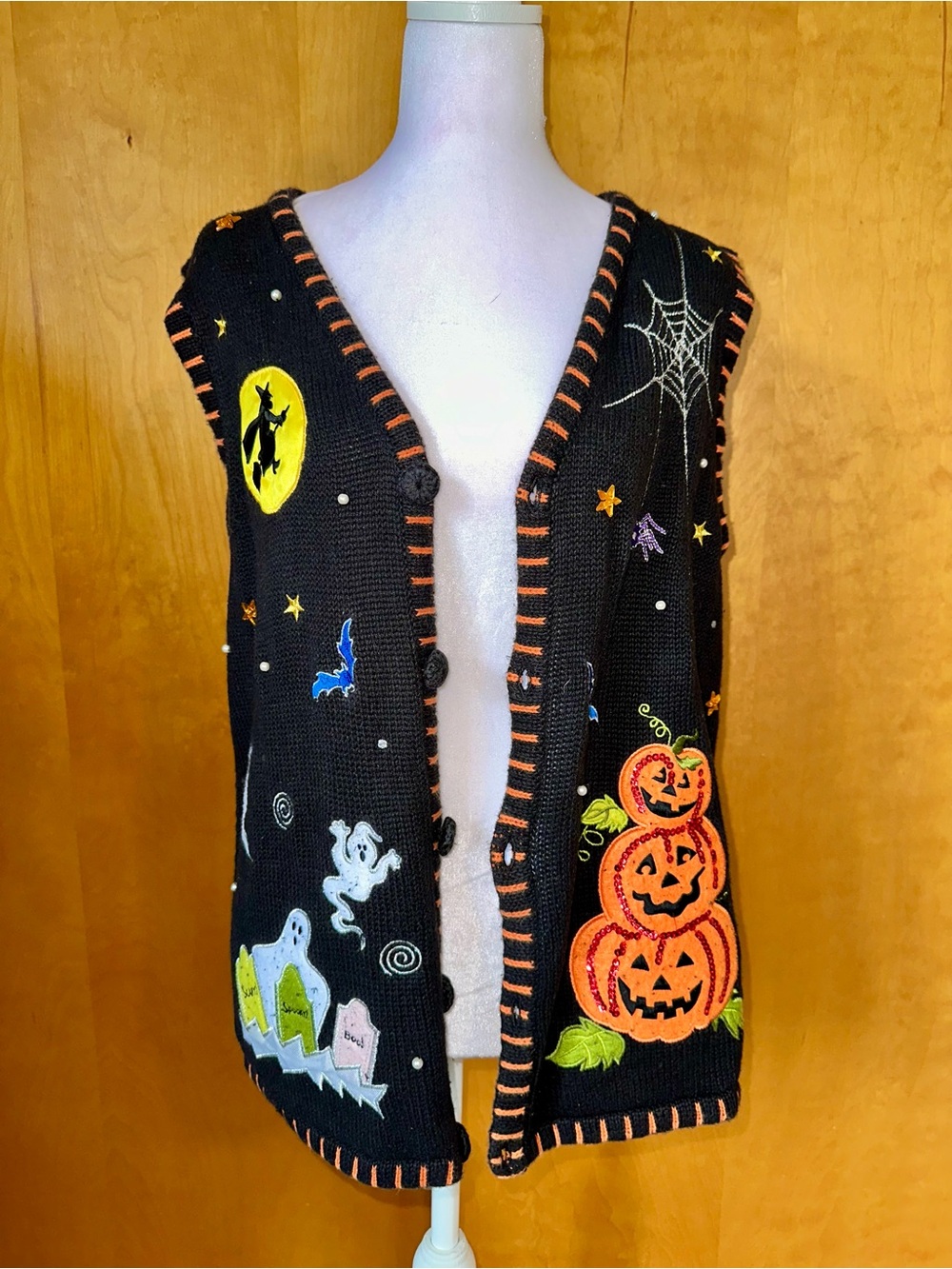 Black Halloween Vest with Pumpkin & Spooky Appliqués